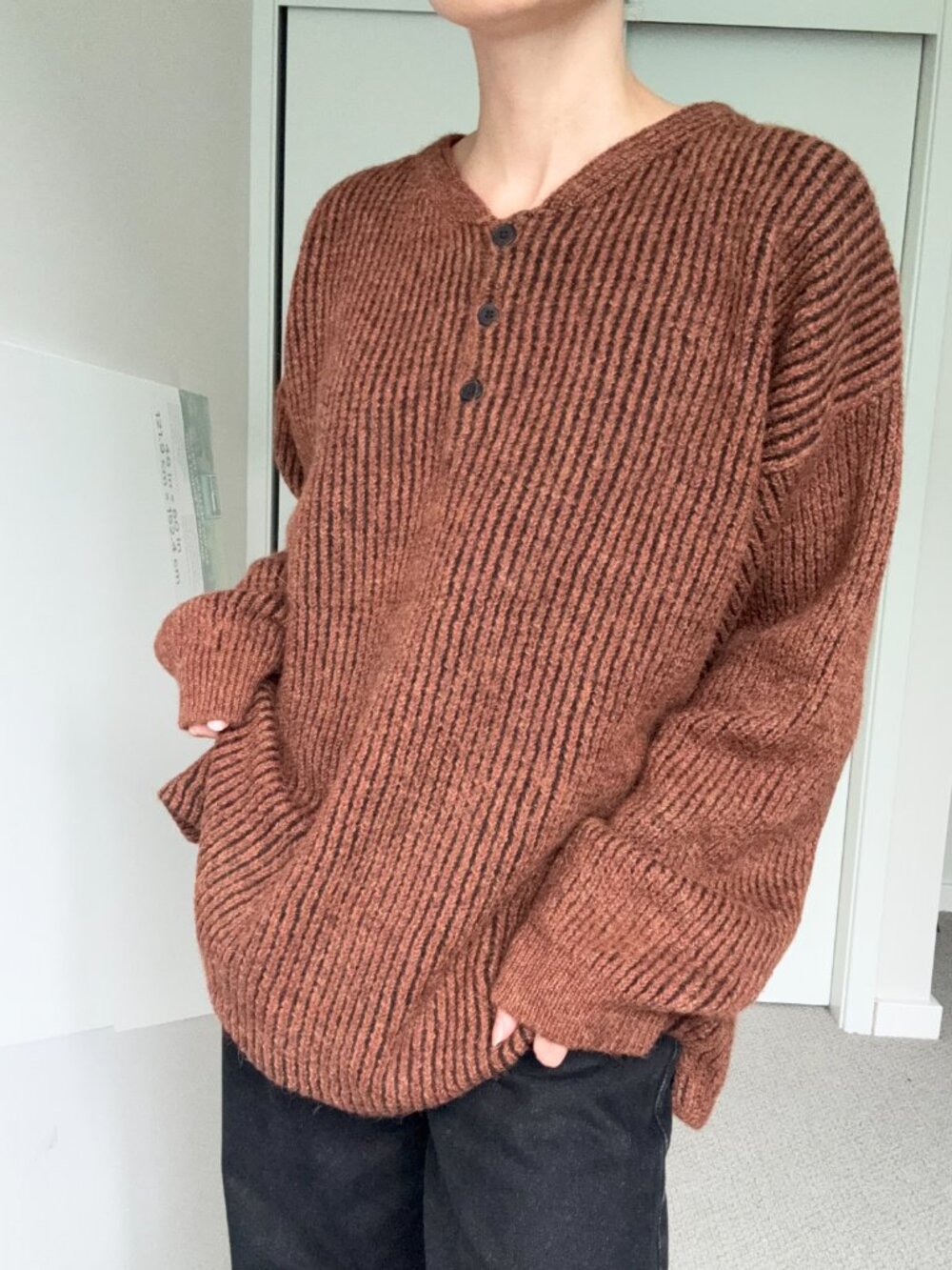 The Territory Ahead Brown Alpaca Blend Ribbed Henley Sweater